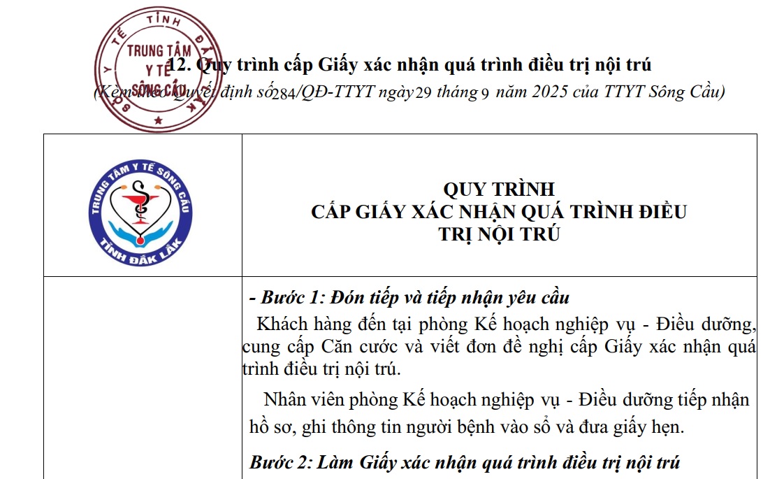 Quy trình cấp Giấy xác nhận quá trình điều trị nội trú